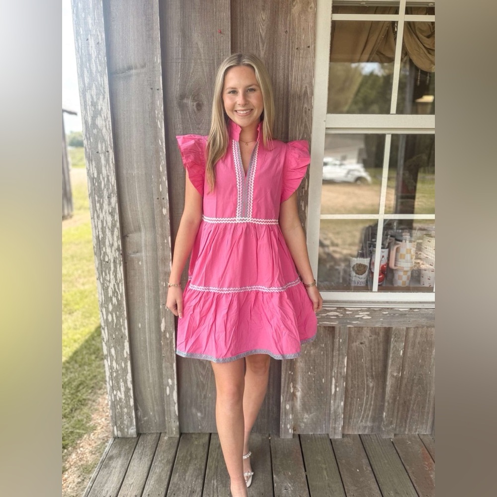 Strawberry Pink Haze Flutter Sleeve Tiered Dress - Picture 5 of 7